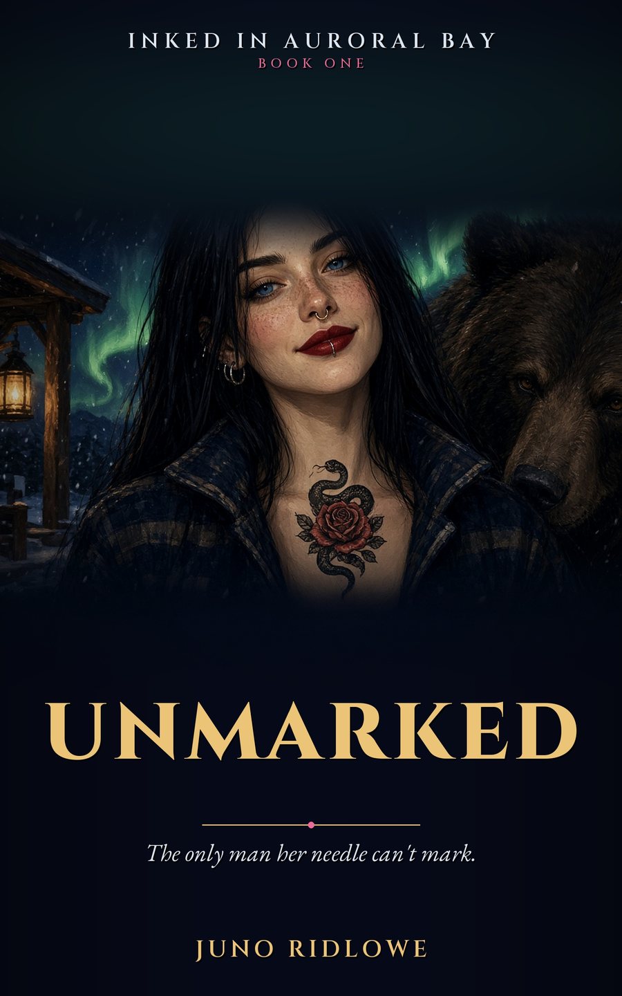 Book 1 cover for Inked in Auroral Bay by Juno Ridlowe: a tattooed woman with a snake-and-rose tattoo, a grizzly bear at her shoulder, and the northern lights behind them.