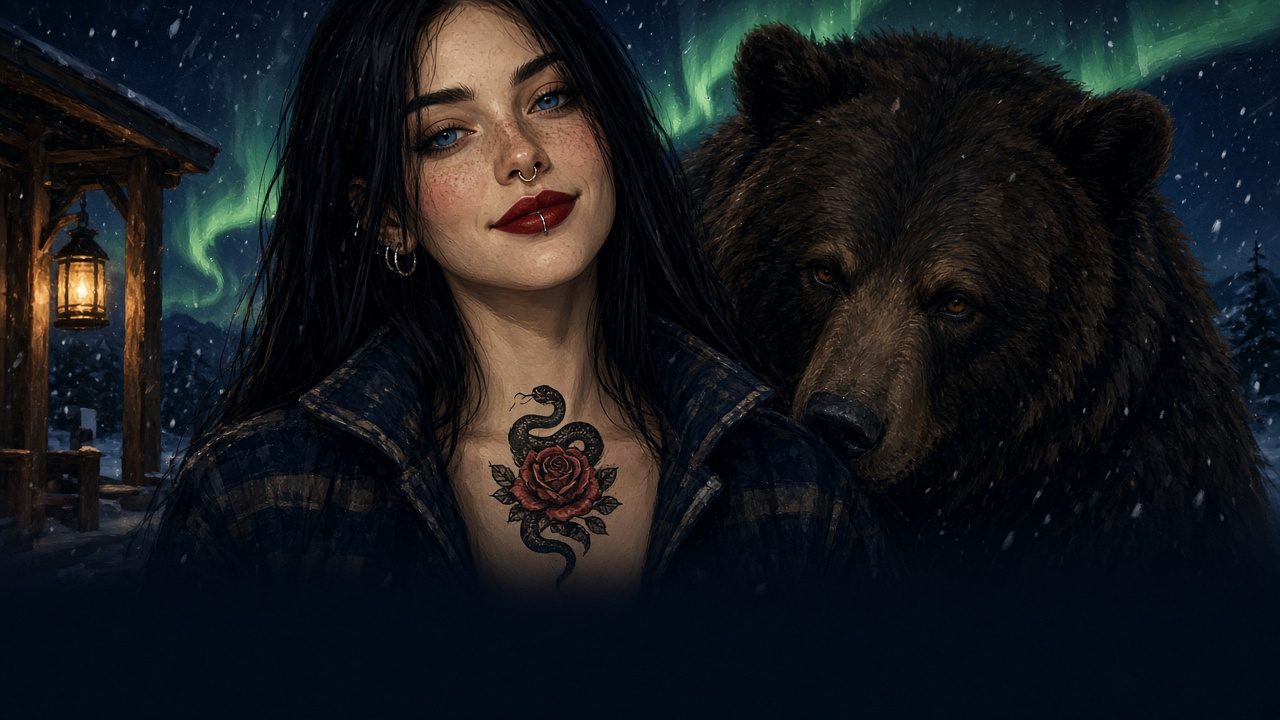 Art from Book 1: a tattooed woman with a snake-and-rose tattoo, a grizzly bear at her shoulder, a lantern glowing and the northern lights overhead.